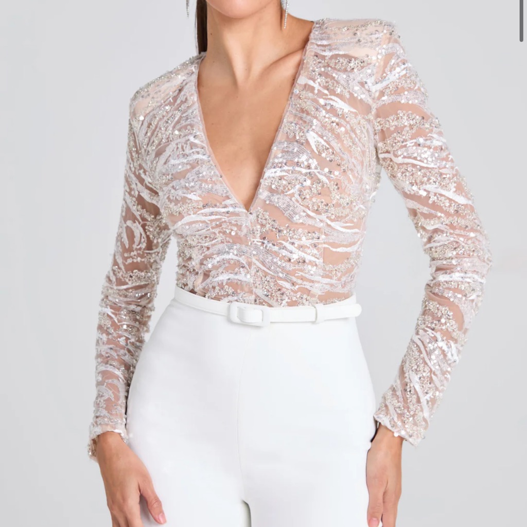 Brand New! Nadine Merabi White Embellished Jumpsuit With Long Sleeves